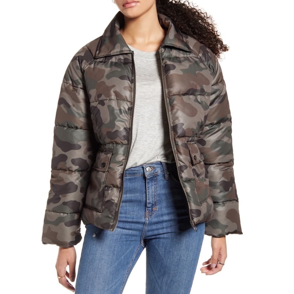 BP. Nordstrom Channel Quilted Olive Green Camo Printed Puffer Jacket NWT Size S